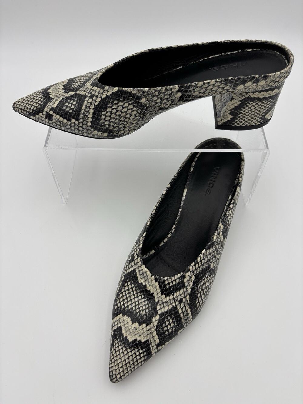 Vince Point Toe Mules Black Grey Snake Reptile Embossed Size 8 Block Heel